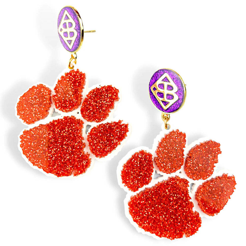 Clemson Brianna Cannon Orange Glitter Paw Purple Logo Earrings