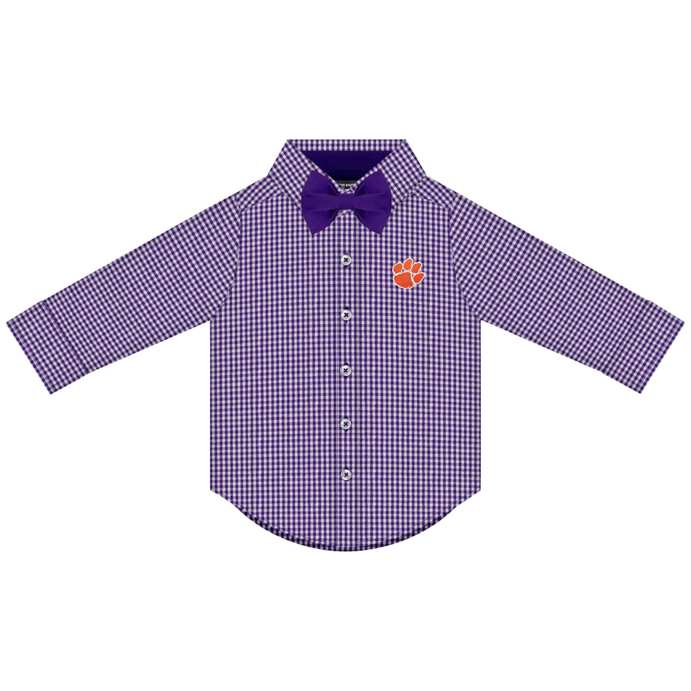 Clemson Infant and Toddler Long Sleeve Gingham Dress Shirt With Bowtie - PURPLE