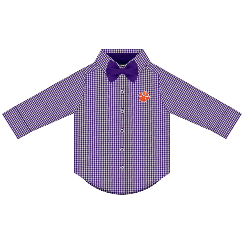 Clemson Infant and Toddler Long Sleeve Gingham Dress Shirt With Bowtie