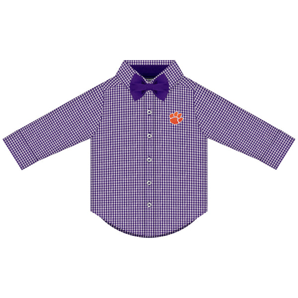 Clemson Infant and Toddler Long Sleeve Gingham Dress Shirt With Bowtie