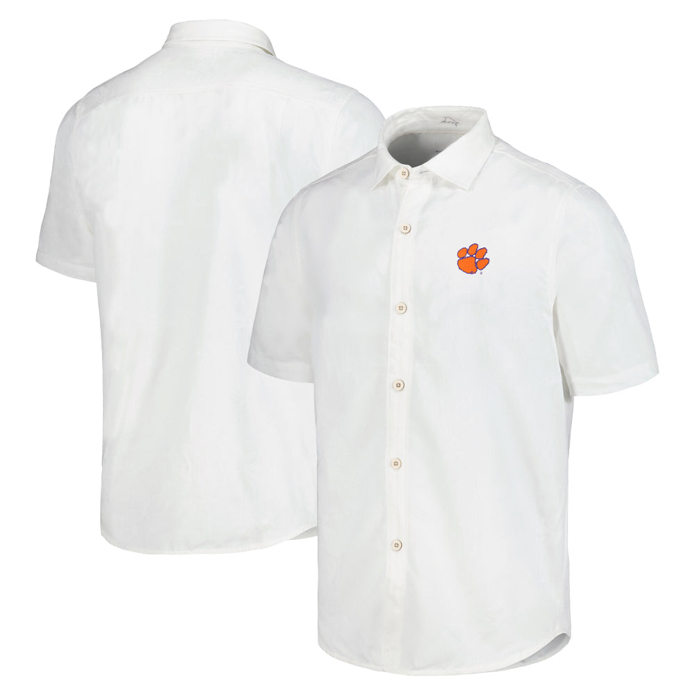 Clemson Tommy Bahama Coconut Palm Vista Short Sleeve Shirt - IVORY