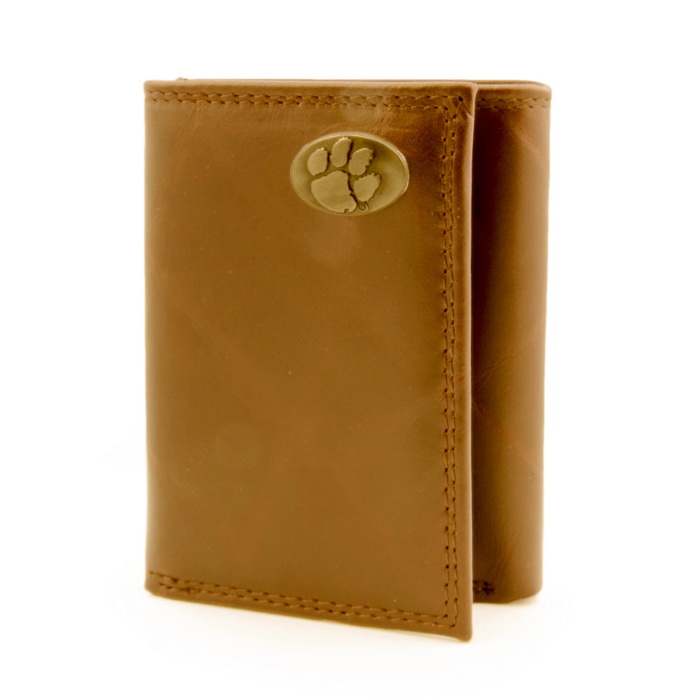 Clemson Brass Logo Trifold Wallet - TAN