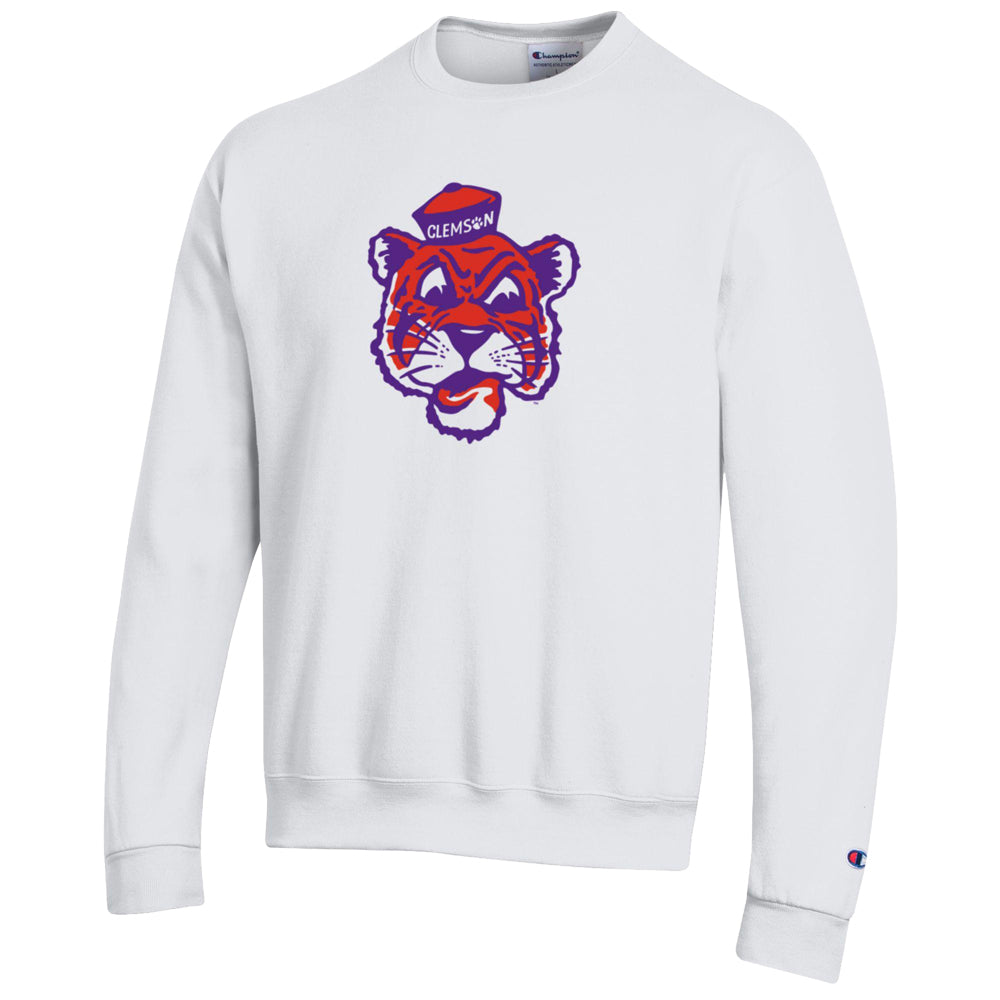 Clemson Champion Powerblend Vault Tiger Face Crewneck - WHITE
