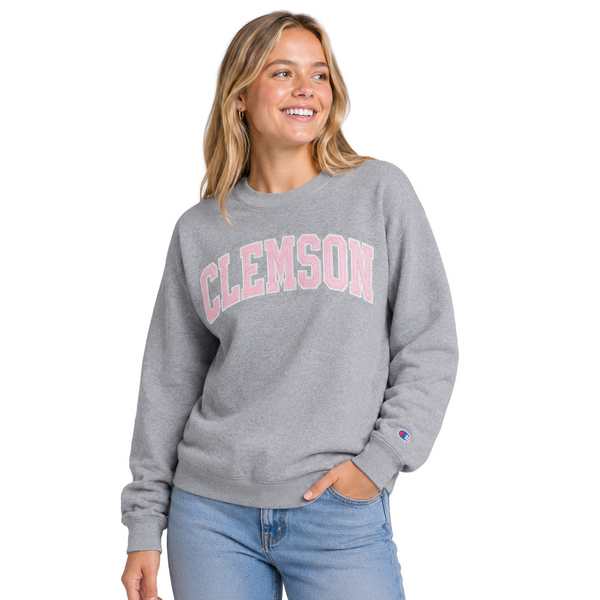 Clemson Champion Women’s Pink Arch Powerblend Crewneck - LT GREY