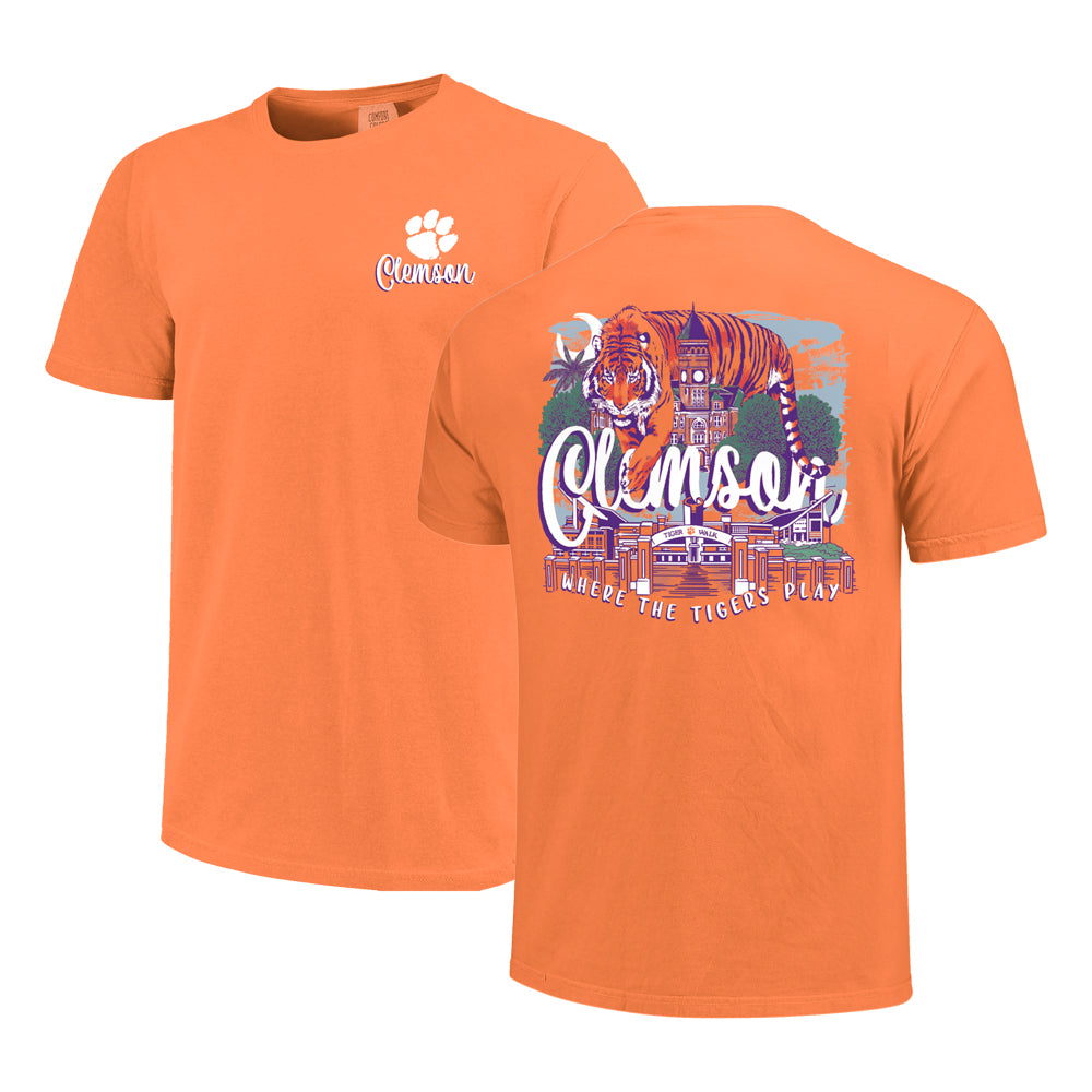 Clemson Comfort Colors Campus Drawing Script Tee - ORANGE