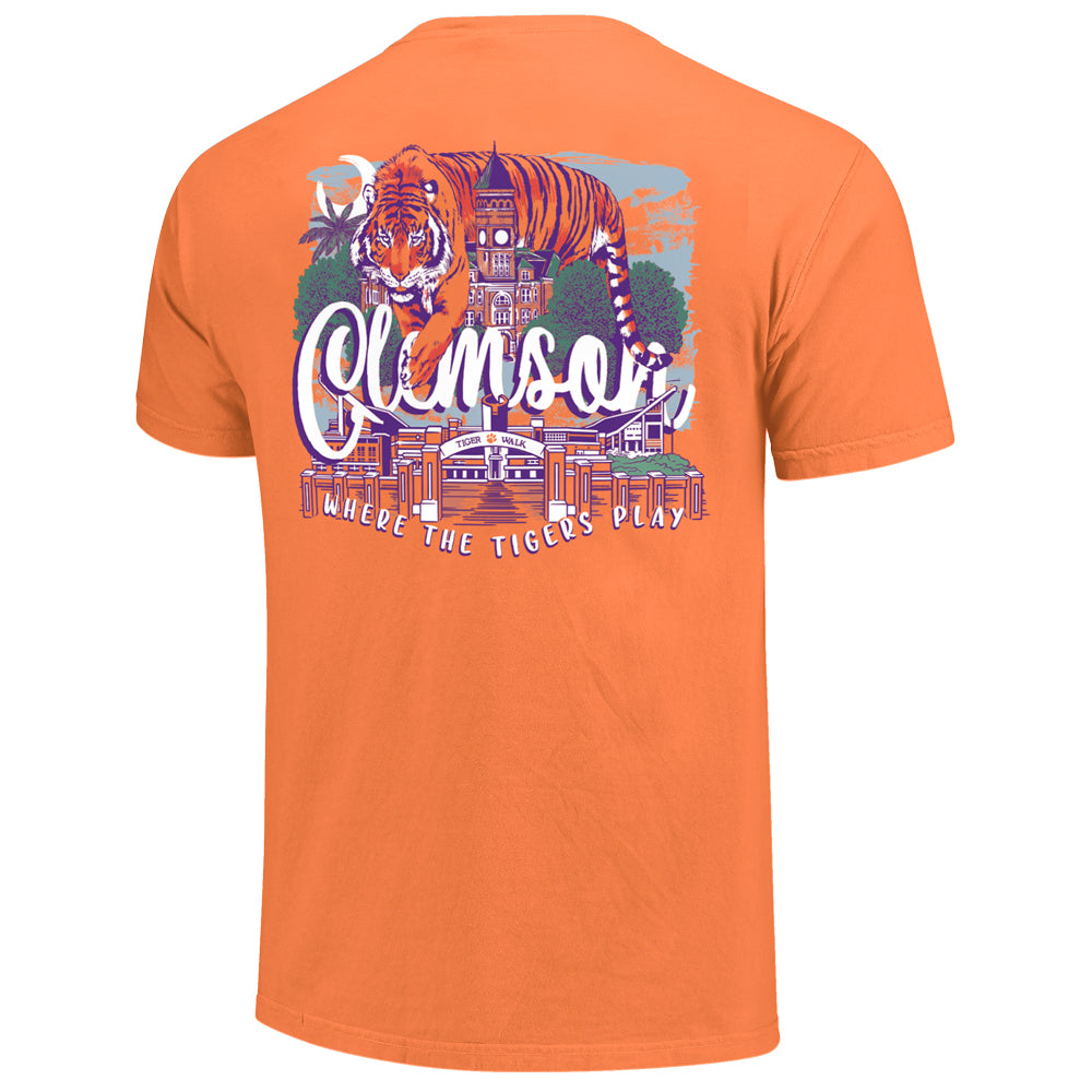 Clemson Comfort Colors Campus Drawing Script Tee - ORANGE