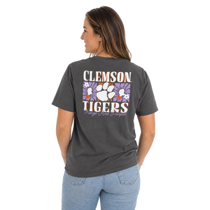 Clemson Comfort Colors Floral Stripe Logo Tee - DK GREY