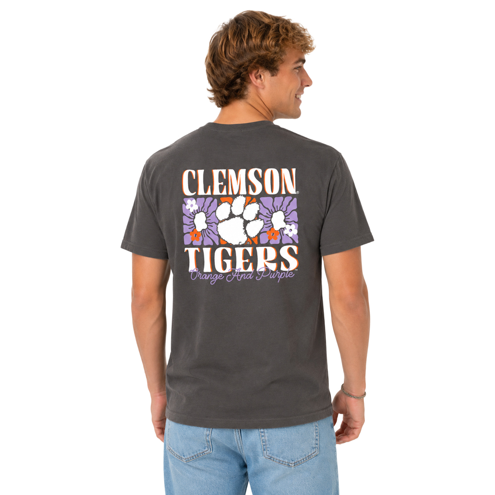 Clemson Comfort Colors Floral Stripe Logo Tee - DK GREY