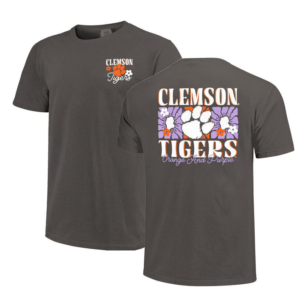 Clemson Comfort Colors Floral Stripe Logo Tee - DK GREY