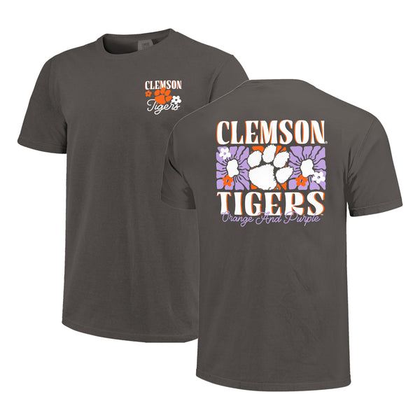 Clemson Comfort Colors Floral Stripe Logo Tee - DK GREY