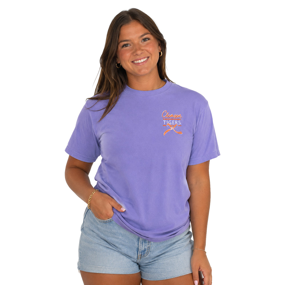 Clemson Comfort Colors Gingham Bows Tee - LT PURPLE