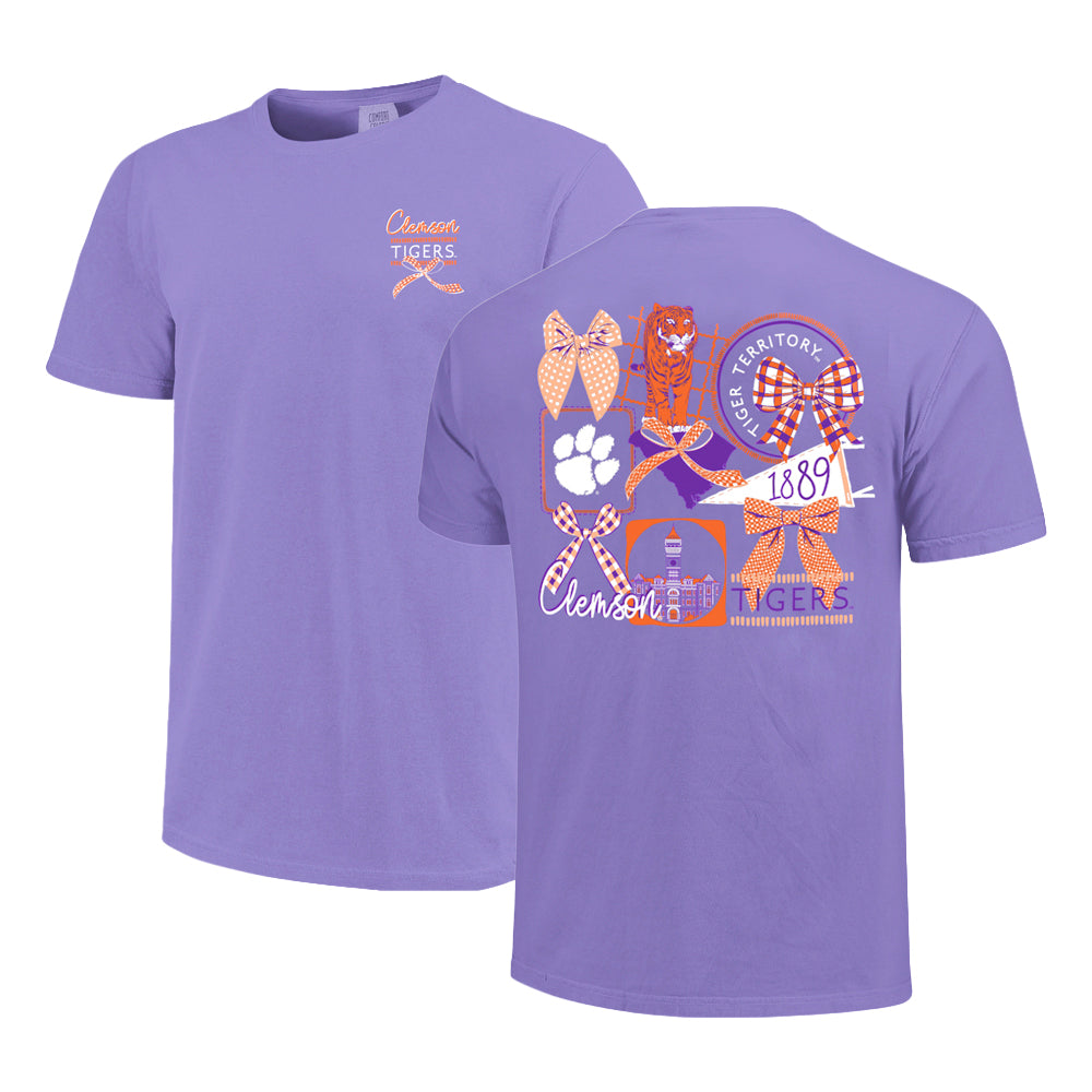 Clemson Comfort Colors Gingham Bows Tee - LT PURPLE