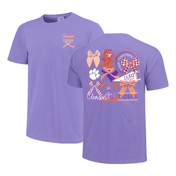 Clemson Comfort Colors Gingham Bows Tee - LT PURPLE