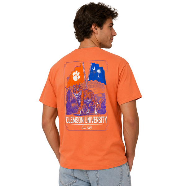 Clemson Comfort Wash Tiger Flags Tee  - LT ORANGE