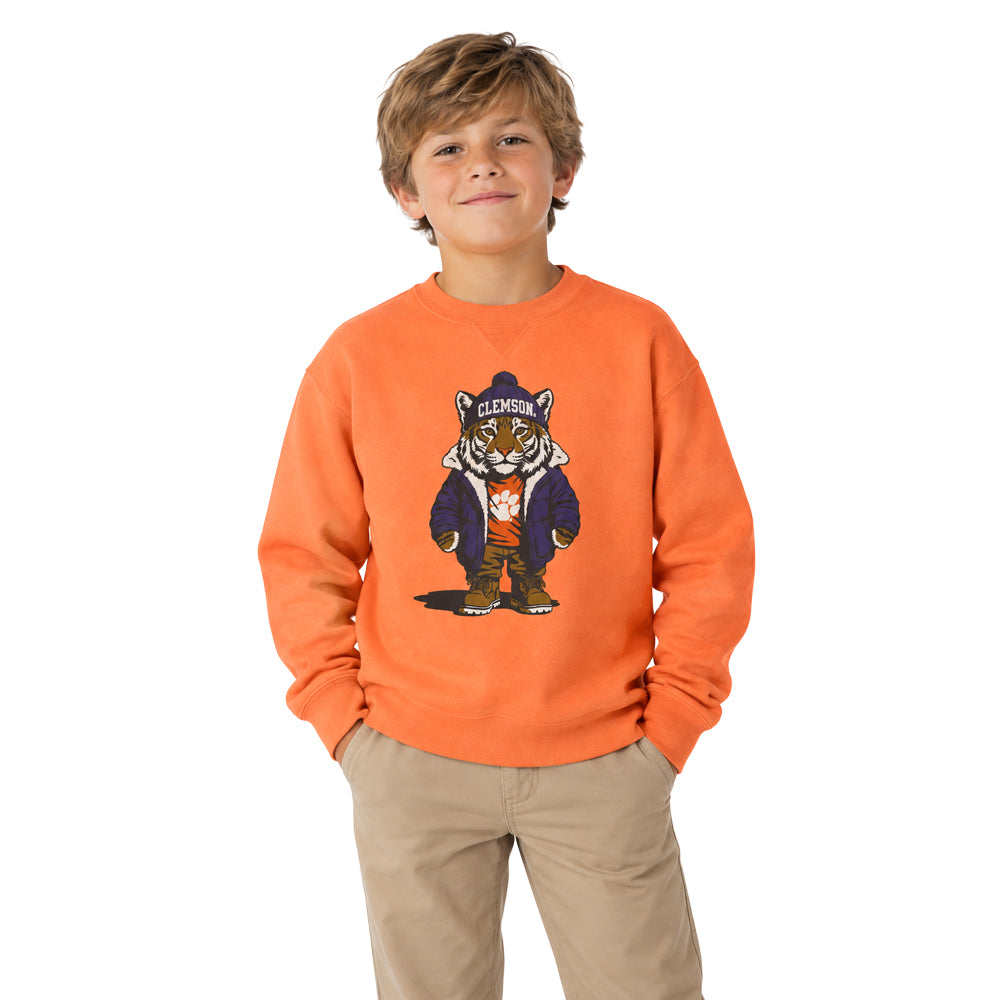 Clemson Comfort Wash Youth Teddy Tiger Crewneck