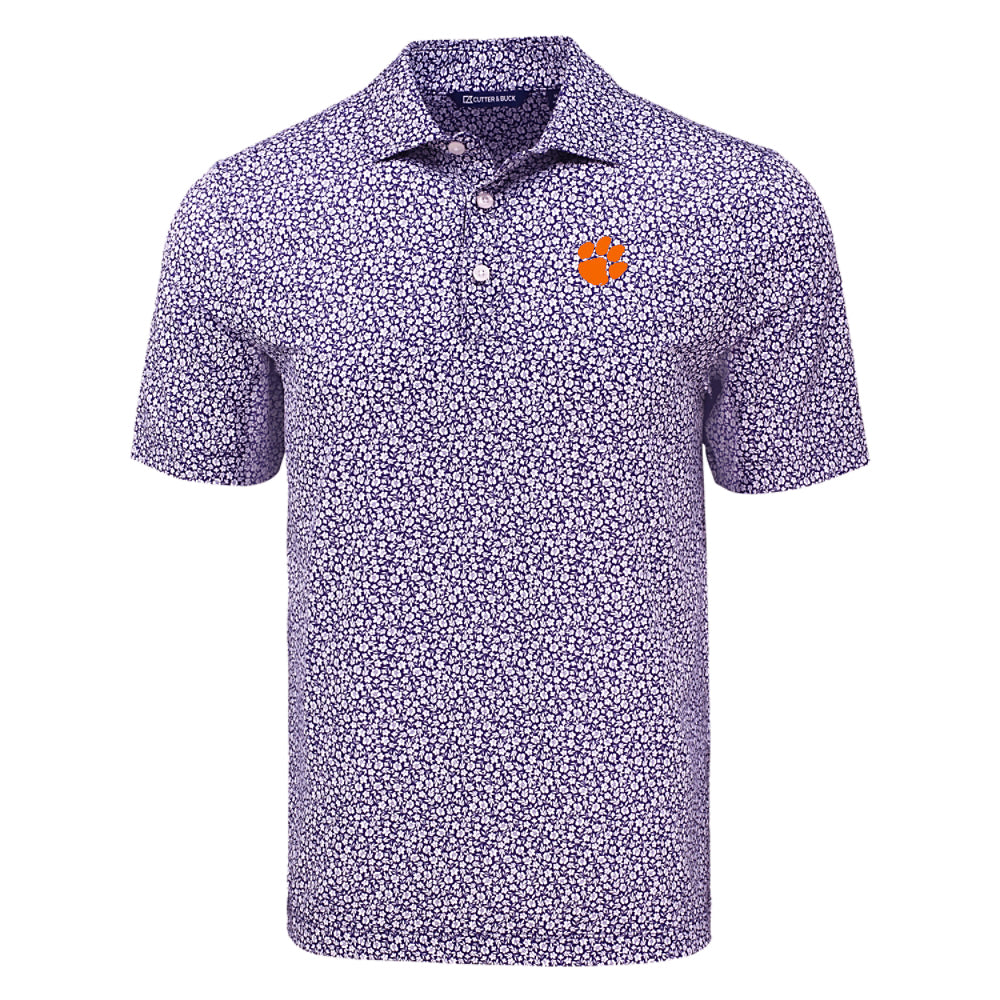 Clemson Cutter & Buck Eco Flora Print Polo - PURPLE