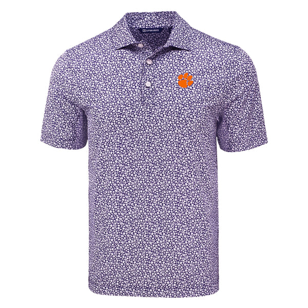 Clemson Cutter & Buck Eco Flora Print Polo - PURPLE