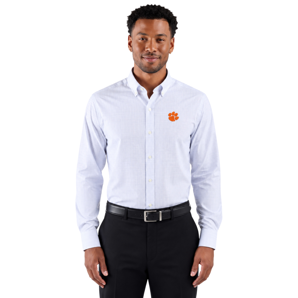 Clemson Cutter & Buck Skyline Windowpane Long Sleeve Dress Shirt - BLUE