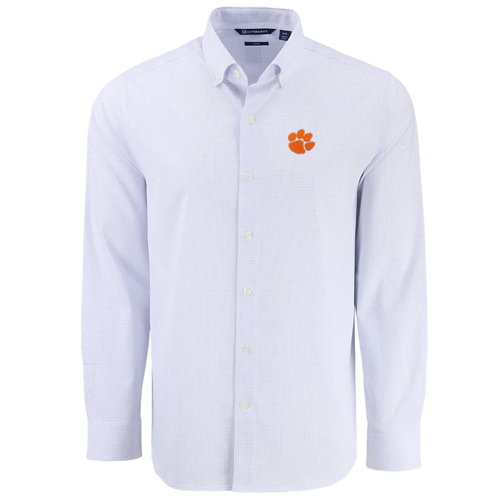 Clemson Cutter & Buck Skyline Windowpane Long Sleeve Dress Shirt - BLUE