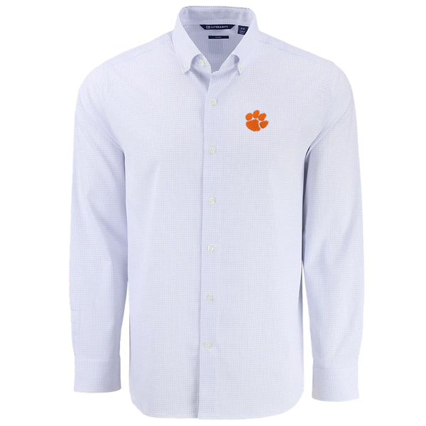 Clemson Cutter & Buck Skyline Windowpane Long Sleeve Dress Shirt - BLUE