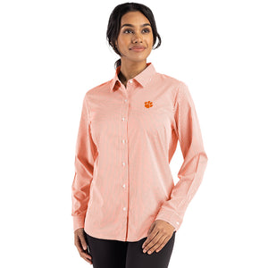 Clemson Cutter & Buck Women’s Skyline Gingham Woven Dress Shirt - ORANGE