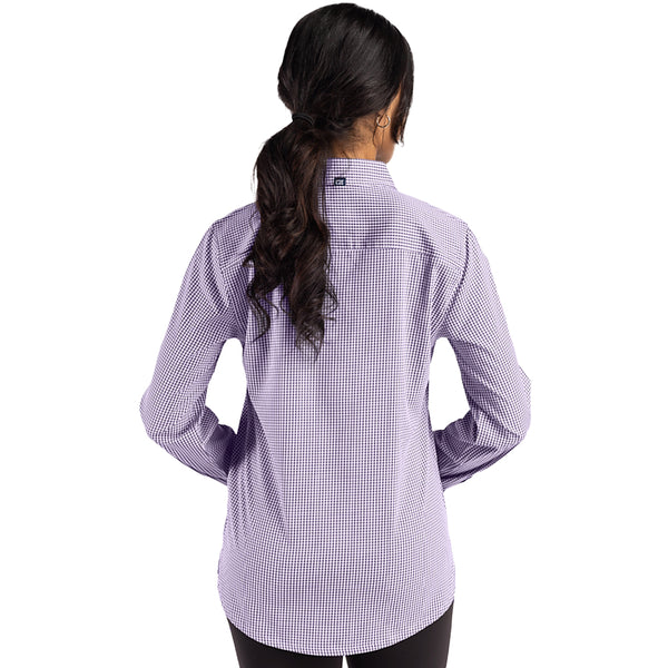 Clemson Cutter & Buck Women’s Skyline Gingham Woven Dress Shirt - PURPLE