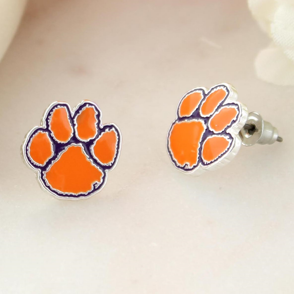 Clemson Enamel Paw Stud Earrings - ORANGE