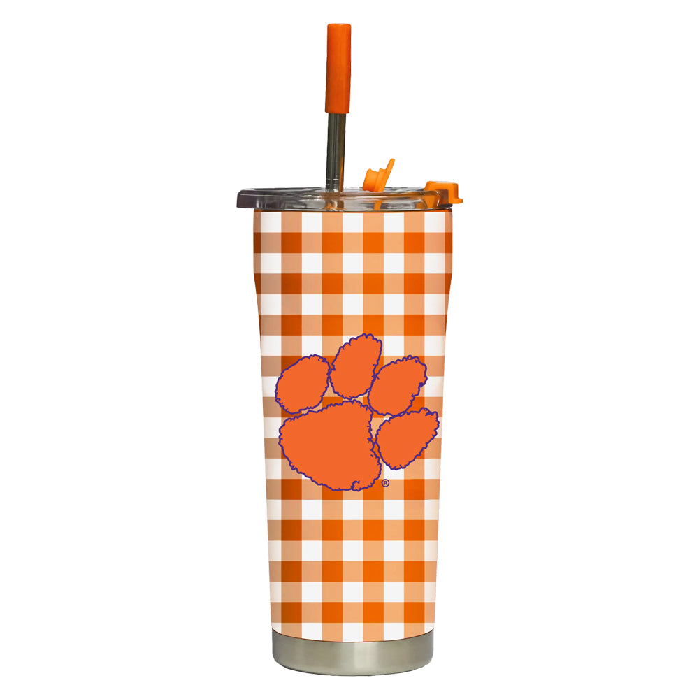 Clemson Gingham 2-in-1 Straw Tumbler - ORANGE