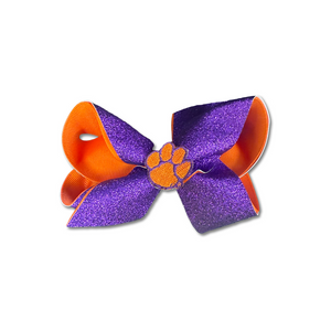 Clemson Glitz Overlay Bow with Paw - ORANGE