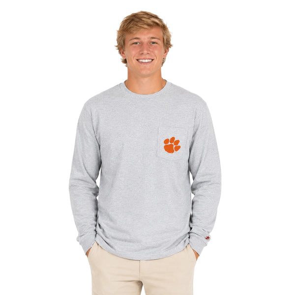 Clemson League Long Sleeve Pocket Tee - LT GREY
