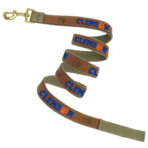 Clemson Leather Embroidered Leash  - TAN