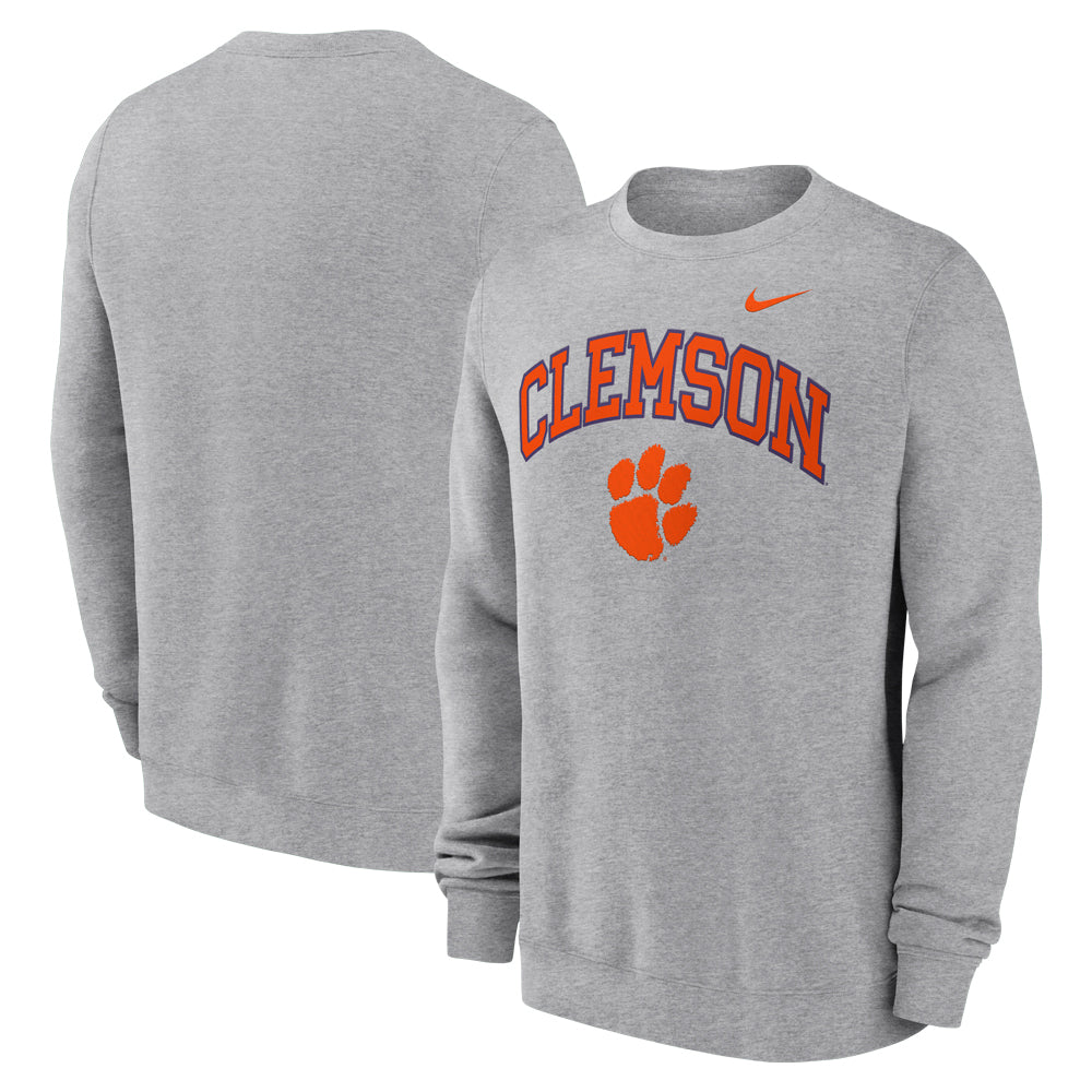 Clemson Nike Arch Over Paw Club Crewneck - MD GREY