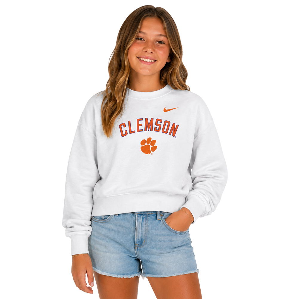 Clemson Nike Girls Club Boxy Crewneck - WHITE