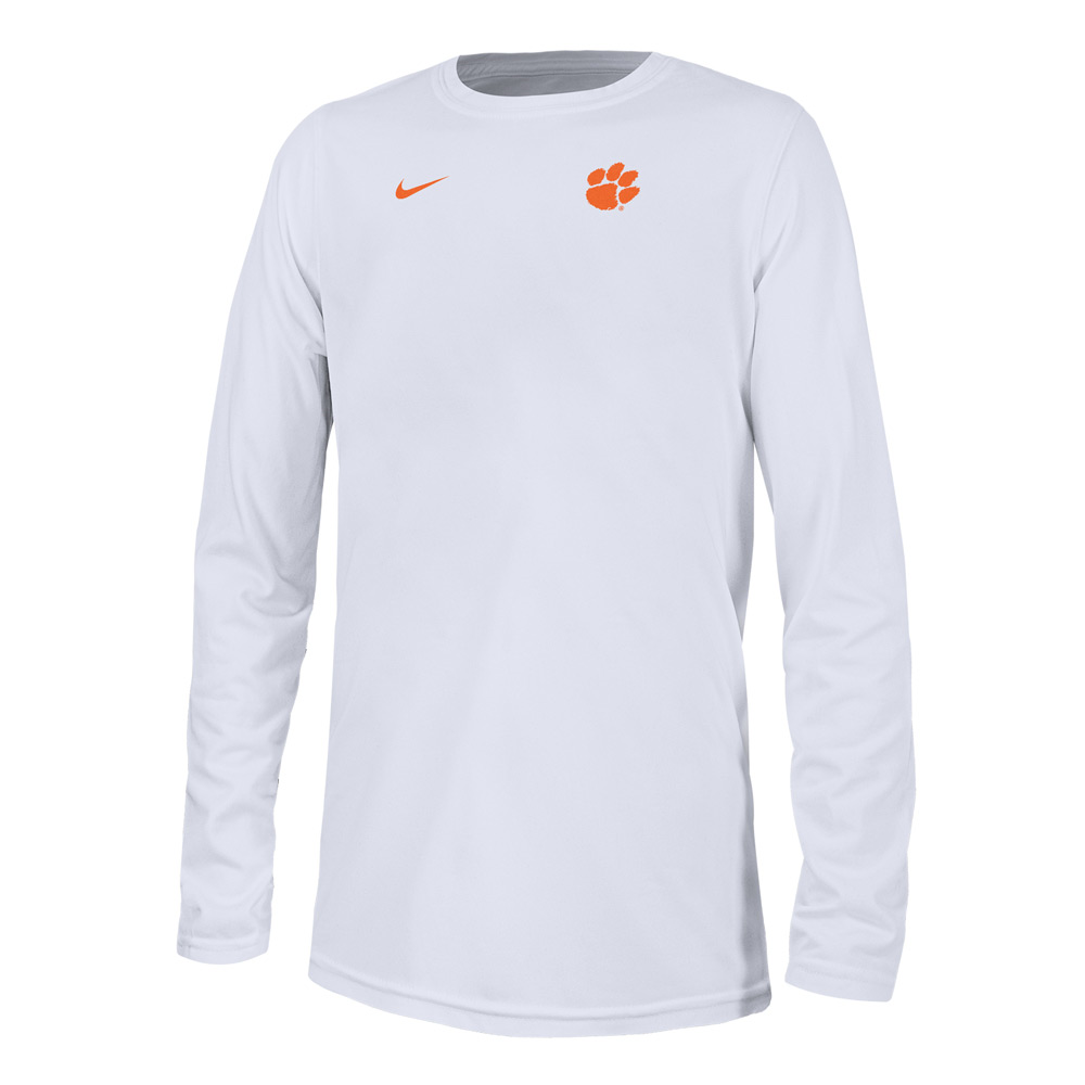 Clemson Nike Youth Small Logo Legend Dri-FIT Long Sleeve Tee - WHITE