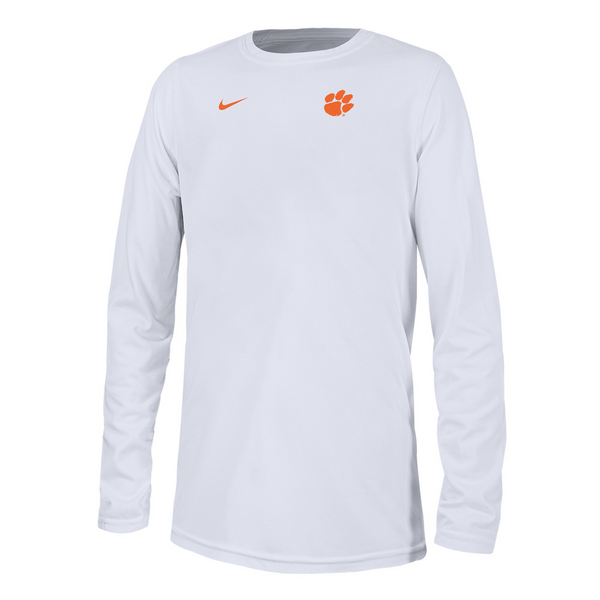 Clemson Nike Youth Small Logo Legend Dri-FIT Long Sleeve Tee - WHITE