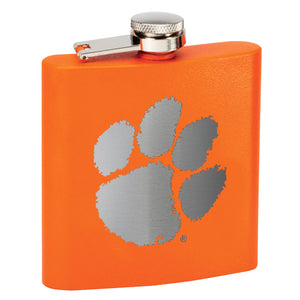 Clemson Orange Etched Paw Flask