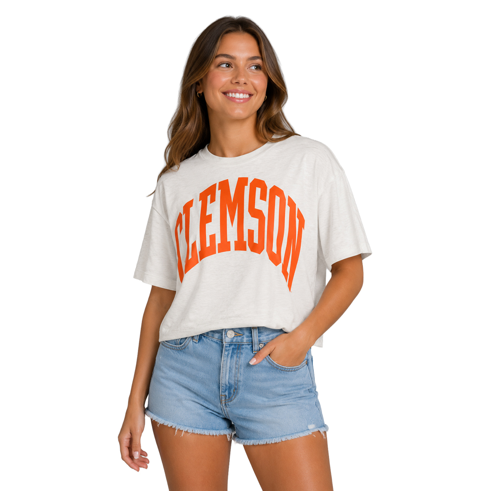 Clemson Pressbox Women’s Midland Arch Slub Motley Tee - WHITE