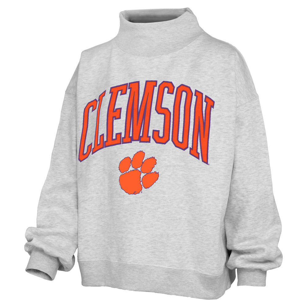 Clemson Pressbox Women's Nelson Texture Lingo Mock Neck Sweatshirt - LT GREY