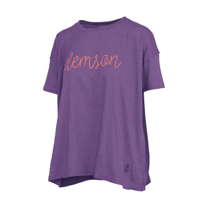 Clemson Pressbox Women’s Swirl Script Top - PURPLE