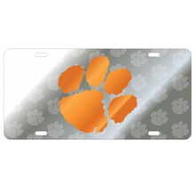 Clemson Satin Background Paw License Plate - SILVER