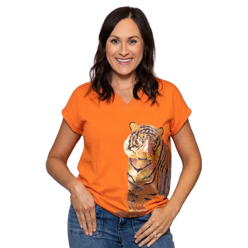 Clemson Sequin Wrap-Around Tiger V-Neck Tee - ORANGE