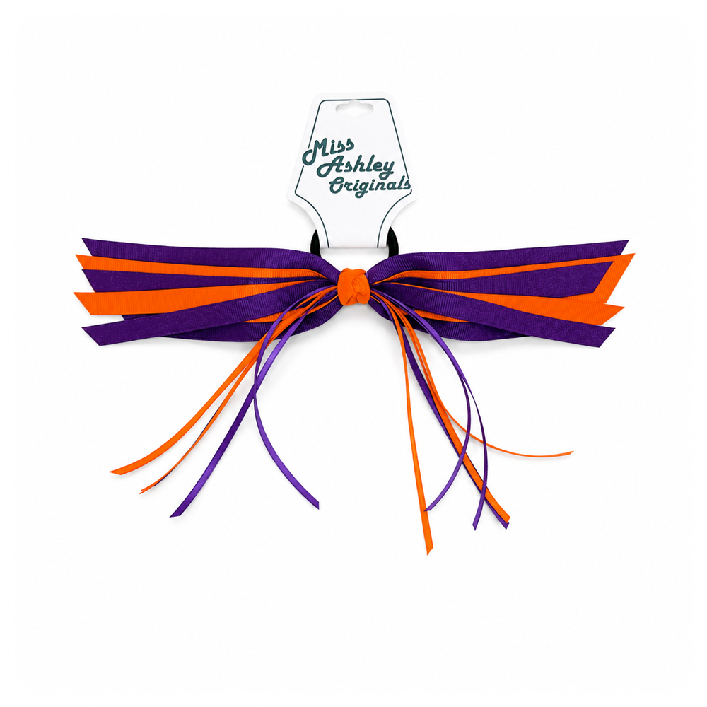 Clemson Short Multi-Layer Ponytail Bow - ORG/PUR