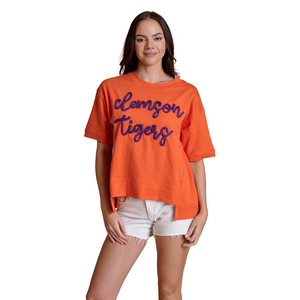Clemson Stewart Simmons Women's Glitter Script Boxy Top - ORANGE
