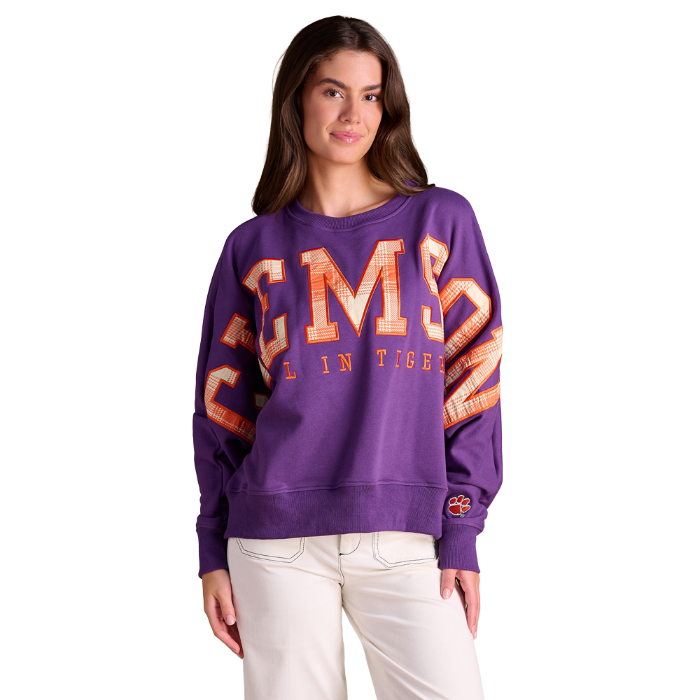 Clemson Stewart Simmons Women's Heritage Plaid Crewneck - PURPLE