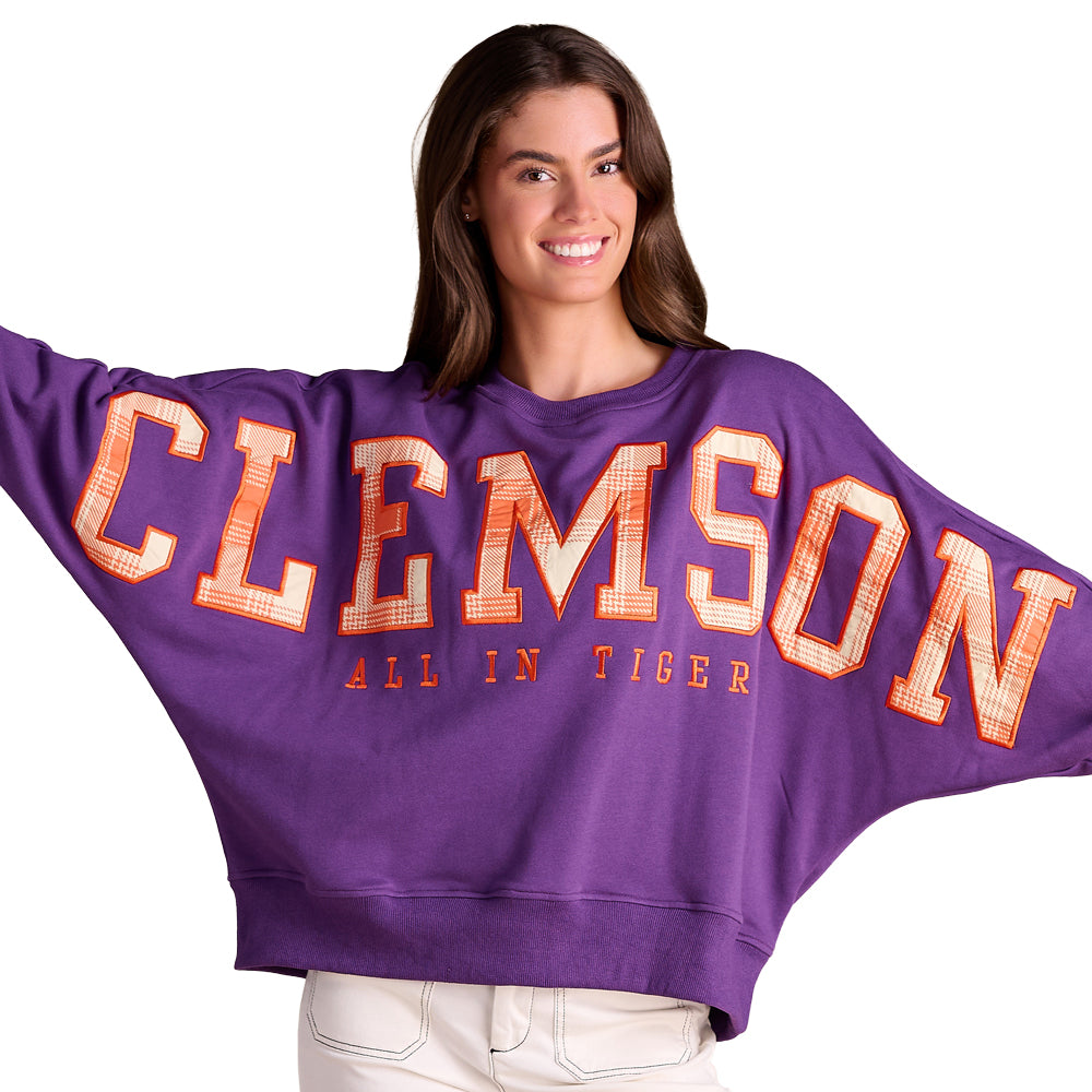Clemson Stewart Simmons Women's Heritage Plaid Crewneck - PURPLE