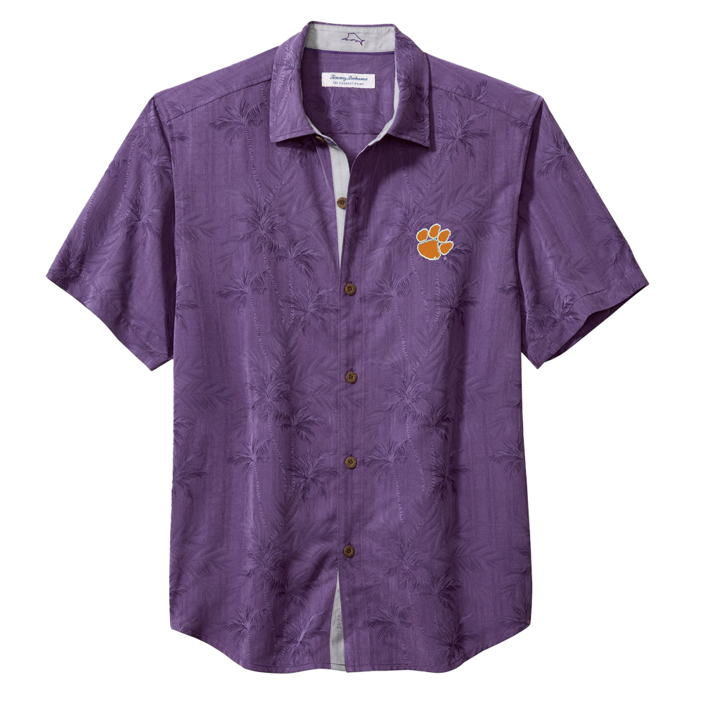 Clemson Tommy Bahama Coconut Palm Vista Short Sleeve Shirt - PURPLE