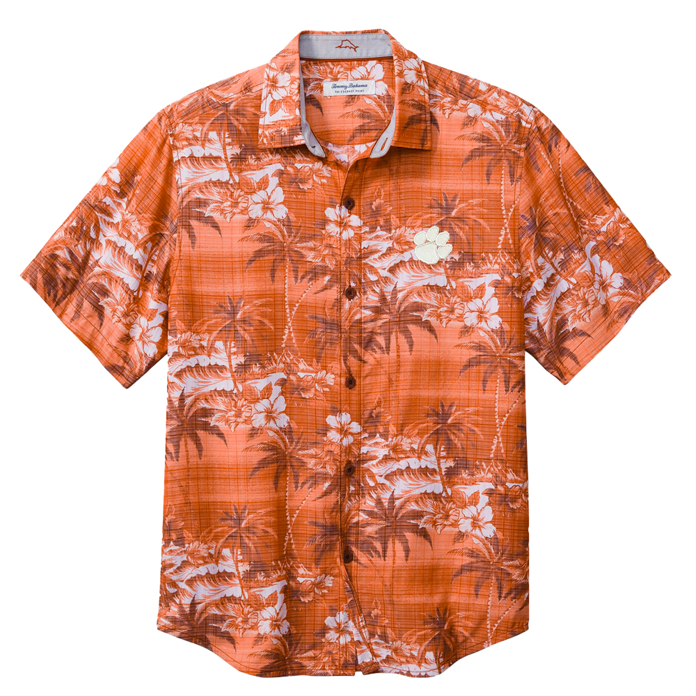 Clemson Tommy Bahama Coconut Point Isla Palm Camp Shirt - ORANGE