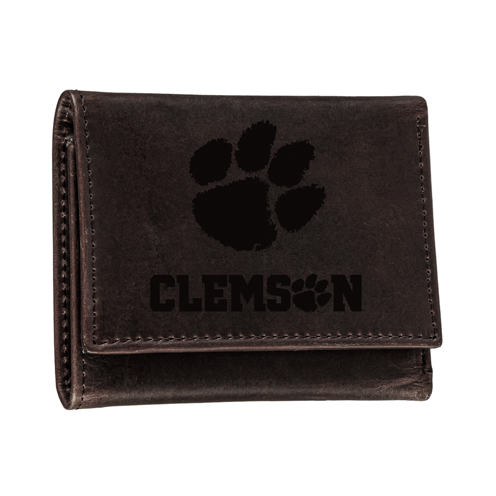 Clemson Trifold Brown Leather Paw Hammer Wallet - BROWN