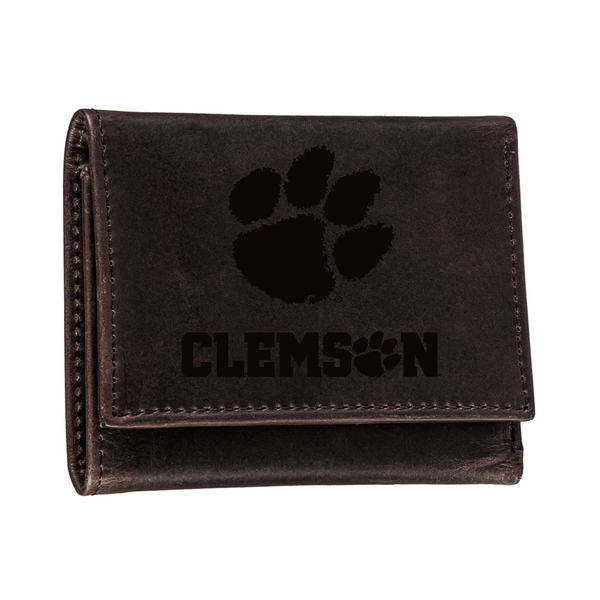 Clemson Trifold Brown Leather Paw Hammer Wallet - BROWN