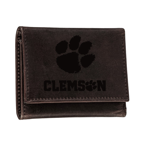 Clemson Trifold Brown Leather Paw Hammer Wallet